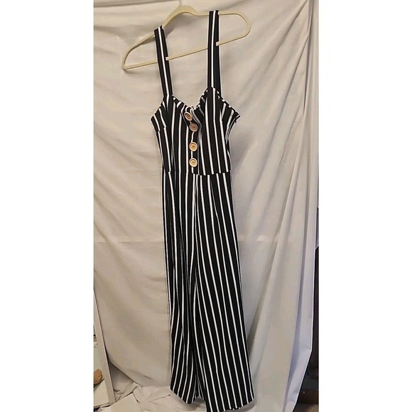 J Justify Jumpsuit Women's Large Black White Striped Stretchy Strapless Modern! - Picture 3 of 9